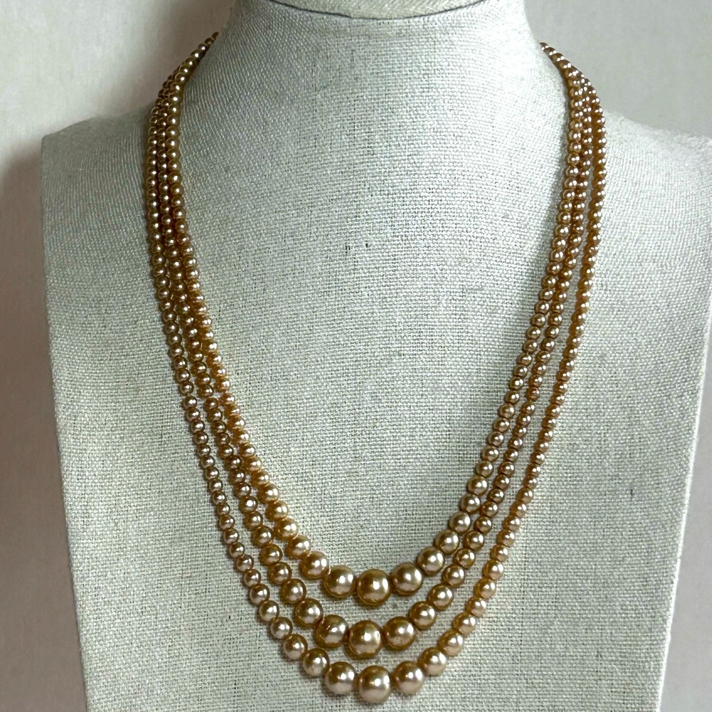 Vintage round graduated triple strand faux pearl Necklace MCM approximately 16”
